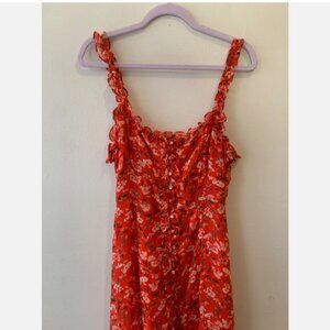 Astr The Label Red Floral Midi Dress Ruffle Buttons Romantic Cottagecore